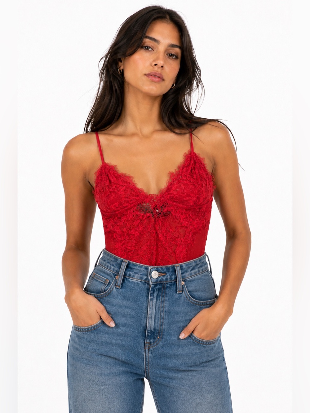 PrettyLittleThing Fishnet, Mesh, & Lace Sheer Bodysuit (Hot Red) Size Medium